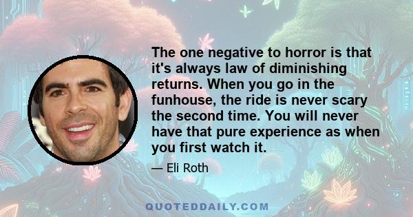 The one negative to horror is that it's always law of diminishing returns. When you go in the funhouse, the ride is never scary the second time. You will never have that pure experience as when you first watch it.