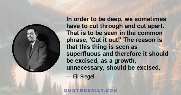 In order to be deep, we sometimes have to cut through and cut apart. That is to be seen in the common phrase, 'Cut it out!' The reason is that this thing is seen as superfluous and therefore it should be excised, as a