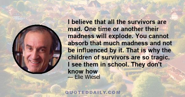 I believe that all the survivors are mad. One time or another their madness will explode. You cannot absorb that much madness and not be influenced by it. That is why the children of survivors are so tragic. I see them