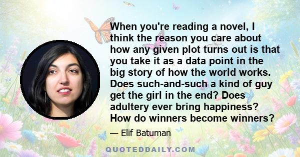 When you're reading a novel, I think the reason you care about how any given plot turns out is that you take it as a data point in the big story of how the world works. Does such-and-such a kind of guy get the girl in