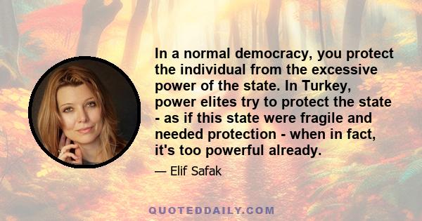 In a normal democracy, you protect the individual from the excessive power of the state. In Turkey, power elites try to protect the state - as if this state were fragile and needed protection - when in fact, it's too