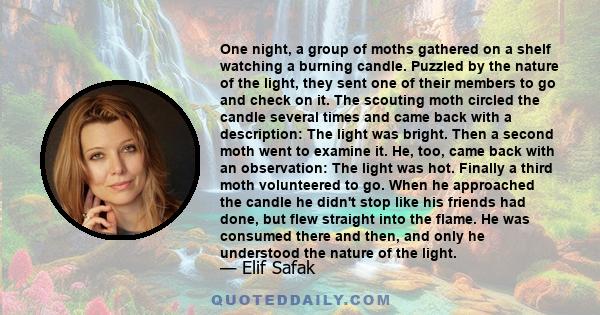 One night, a group of moths gathered on a shelf watching a burning candle. Puzzled by the nature of the light, they sent one of their members to go and check on it. The scouting moth circled the candle several times and 