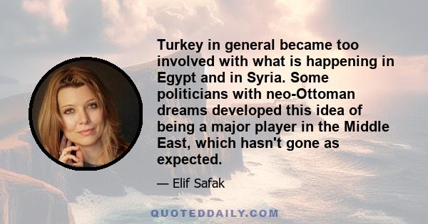 Turkey in general became too involved with what is happening in Egypt and in Syria. Some politicians with neo-Ottoman dreams developed this idea of being a major player in the Middle East, which hasn't gone as expected.