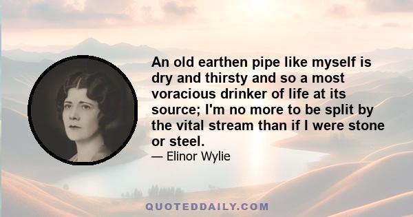 An old earthen pipe like myself is dry and thirsty and so a most voracious drinker of life at its source; I'm no more to be split by the vital stream than if I were stone or steel.