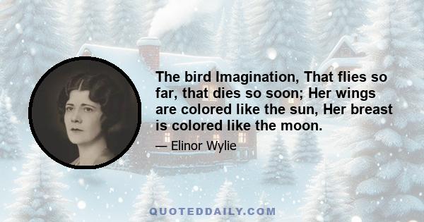 The bird Imagination, That flies so far, that dies so soon; Her wings are colored like the sun, Her breast is colored like the moon.