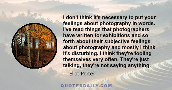 I don't think it's necessary to put your feelings about photography in words. I've read things that photographers have written for exhibitions and so forth about their subjective feelings about photography and mostly I