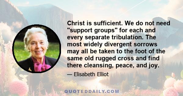 Christ is sufficient. We do not need support groups for each and every separate tribulation. The most widely divergent sorrows may all be taken to the foot of the same old rugged cross and find there cleansing, peace,