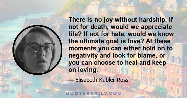 There is no joy without hardship. If not for death, would we appreciate life? If not for hate, would we know the ultimate goal is love? At these moments you can either hold on to negativity and look for blame, or you