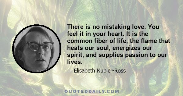 There is no mistaking love. You feel it in your heart. It is the common fiber of life, the flame that heats our soul, energizes our spirit, and supplies passion to our lives.