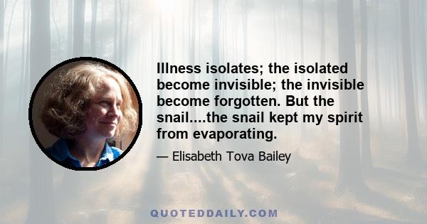 Illness isolates; the isolated become invisible; the invisible become forgotten. But the snail....the snail kept my spirit from evaporating.