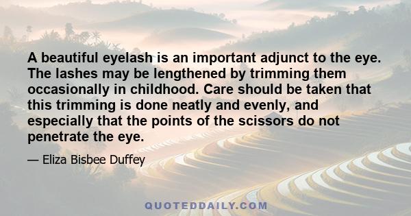 A beautiful eyelash is an important adjunct to the eye. The lashes may be lengthened by trimming them occasionally in childhood. Care should be taken that this trimming is done neatly and evenly, and especially that the 