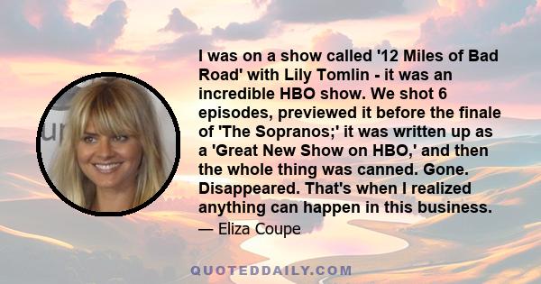 I was on a show called '12 Miles of Bad Road' with Lily Tomlin - it was an incredible HBO show. We shot 6 episodes, previewed it before the finale of 'The Sopranos;' it was written up as a 'Great New Show on HBO,' and