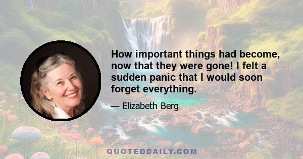 How important things had become, now that they were gone! I felt a sudden panic that I would soon forget everything.