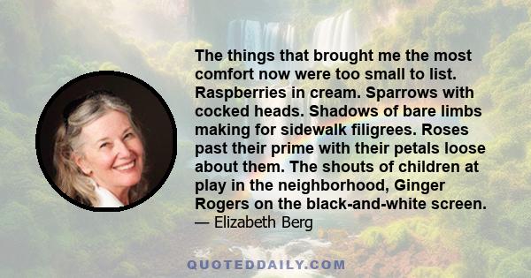 The things that brought me the most comfort now were too small to list. Raspberries in cream. Sparrows with cocked heads. Shadows of bare limbs making for sidewalk filigrees. Roses past their prime with their petals