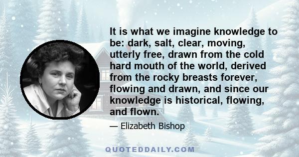 It is what we imagine knowledge to be: dark, salt, clear, moving, utterly free, drawn from the cold hard mouth of the world, derived from the rocky breasts forever, flowing and drawn, and since our knowledge is