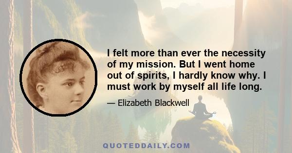 I felt more than ever the necessity of my mission. But I went home out of spirits, I hardly know why. I must work by myself all life long.