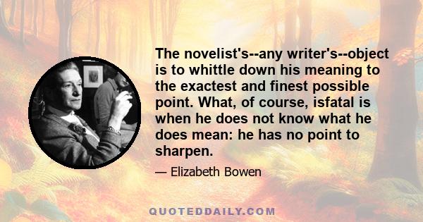 The novelist's--any writer's--object is to whittle down his meaning to the exactest and finest possible point. What, of course, isfatal is when he does not know what he does mean: he has no point to sharpen.