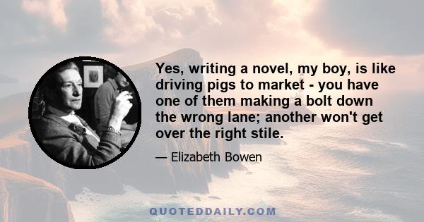 Yes, writing a novel, my boy, is like driving pigs to market - you have one of them making a bolt down the wrong lane; another won't get over the right stile.