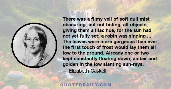 There was a filmy veil of soft dull mist obscuring, but not hiding, all objects, giving them a lilac hue, for the sun had not yet fully set; a robin was singing ... The leaves were more gorgeous than ever; the first