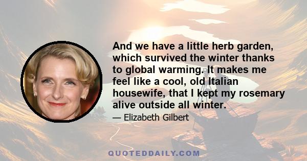 And we have a little herb garden, which survived the winter thanks to global warming. It makes me feel like a cool, old Italian housewife, that I kept my rosemary alive outside all winter.