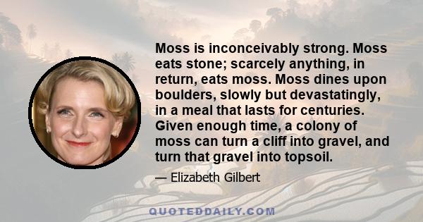 Moss is inconceivably strong. Moss eats stone; scarcely anything, in return, eats moss. Moss dines upon boulders, slowly but devastatingly, in a meal that lasts for centuries. Given enough time, a colony of moss can