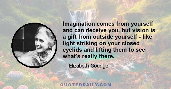 Imagination comes from yourself and can deceive you, but vision is a gift from outside yourself - like light striking on your closed eyelids and lifting them to see what's really there.