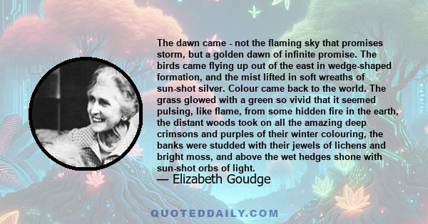 The dawn came - not the flaming sky that promises storm, but a golden dawn of infinite promise. The birds came flying up out of the east in wedge-shaped formation, and the mist lifted in soft wreaths of sun-shot silver. 