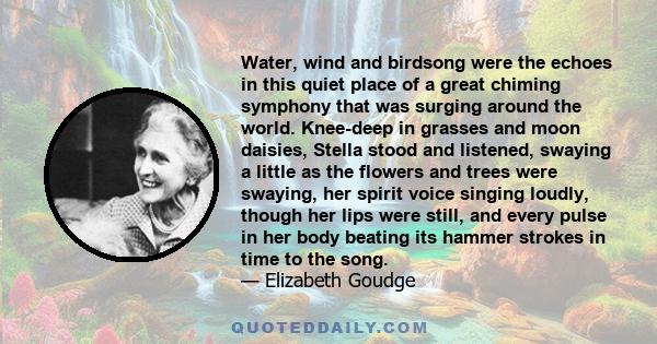 Water, wind and birdsong were the echoes in this quiet place of a great chiming symphony that was surging around the world. Knee-deep in grasses and moon daisies, Stella stood and listened, swaying a little as the