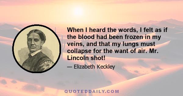 When I heard the words, I felt as if the blood had been frozen in my veins, and that my lungs must collapse for the want of air. Mr. Lincoln shot!