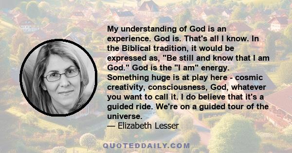 My understanding of God is an experience. God is. That's all I know. In the Biblical tradition, it would be expressed as, Be still and know that I am God. God is the I am energy. Something huge is at play here - cosmic