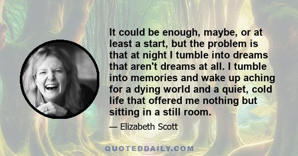 It could be enough, maybe, or at least a start, but the problem is that at night I tumble into dreams that aren't dreams at all. I tumble into memories and wake up aching for a dying world and a quiet, cold life that