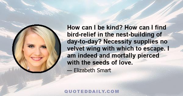 How can I be kind? How can I find bird-relief in the nest-building of day-to-day? Necessity supplies no velvet wing with which to escape. I am indeed and mortally pierced with the seeds of love.