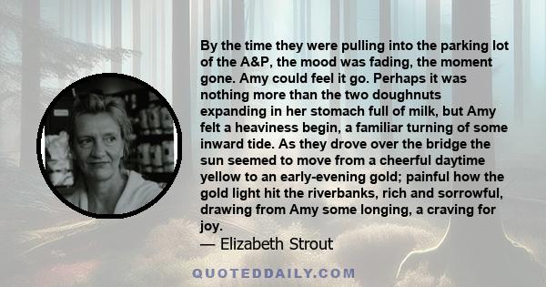 By the time they were pulling into the parking lot of the A&P, the mood was fading, the moment gone. Amy could feel it go. Perhaps it was nothing more than the two doughnuts expanding in her stomach full of milk, but