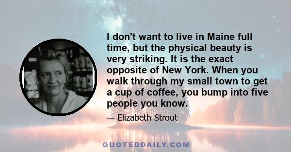 I don't want to live in Maine full time, but the physical beauty is very striking. It is the exact opposite of New York. When you walk through my small town to get a cup of coffee, you bump into five people you know.