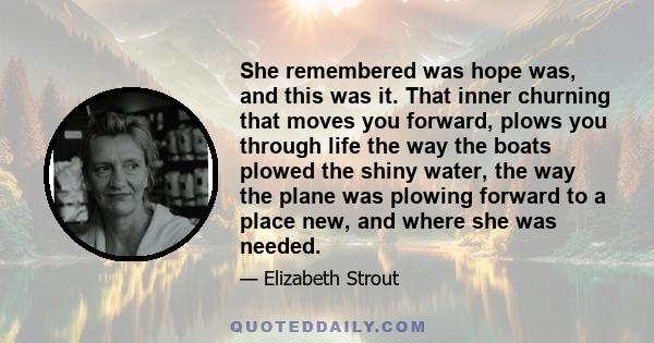 She remembered was hope was, and this was it. That inner churning that moves you forward, plows you through life the way the boats plowed the shiny water, the way the plane was plowing forward to a place new, and where