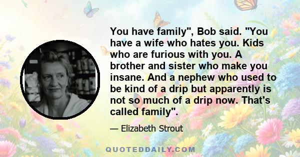 You have family, Bob said. You have a wife who hates you. Kids who are furious with you. A brother and sister who make you insane. And a nephew who used to be kind of a drip but apparently is not so much of a drip now.