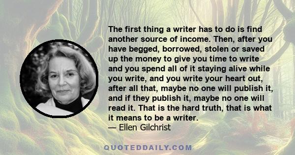 The first thing a writer has to do is find another source of income. Then, after you have begged, borrowed, stolen or saved up the money to give you time to write and you spend all of it staying alive while you write,