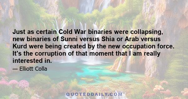 Just as certain Cold War binaries were collapsing, new binaries of Sunni versus Shia or Arab versus Kurd were being created by the new occupation force. It's the corruption of that moment that I am really interested in.