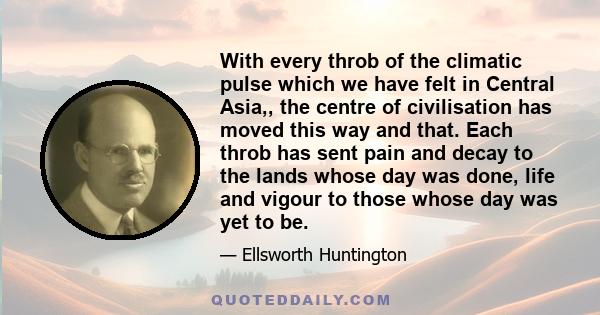 With every throb of the climatic pulse which we have felt in Central Asia,, the centre of civilisation has moved this way and that. Each throb has sent pain and decay to the lands whose day was done, life and vigour to