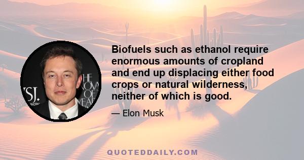 Biofuels such as ethanol require enormous amounts of cropland and end up displacing either food crops or natural wilderness, neither of which is good.