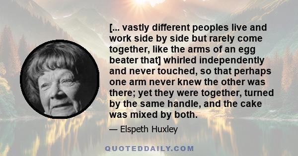 [... vastly different peoples live and work side by side but rarely come together, like the arms of an egg beater that] whirled independently and never touched, so that perhaps one arm never knew the other was there;