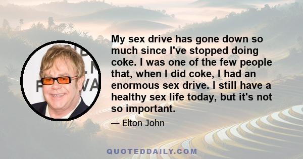 My sex drive has gone down so much since I've stopped doing coke. I was one of the few people that, when I did coke, I had an enormous sex drive. I still have a healthy sex life today, but it's not so important.