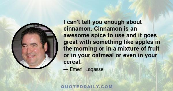 I can't tell you enough about cinnamon. Cinnamon is an awesome spice to use and it goes great with something like apples in the morning or in a mixture of fruit or in your oatmeal or even in your cereal.