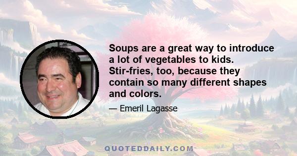 Soups are a great way to introduce a lot of vegetables to kids. Stir-fries, too, because they contain so many different shapes and colors.