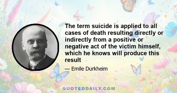 The term suicide is applied to all cases of death resulting directly or indirectly from a positive or negative act of the victim himself, which he knows will produce this result