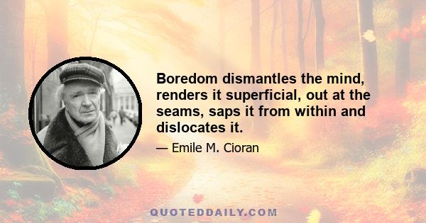 Boredom dismantles the mind, renders it superficial, out at the seams, saps it from within and dislocates it.