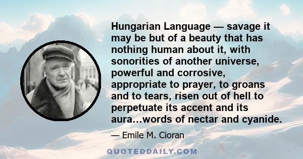 Hungarian Language — savage it may be but of a beauty that has nothing human about it, with sonorities of another universe, powerful and corrosive, appropriate to prayer, to groans and to tears, risen out of hell to