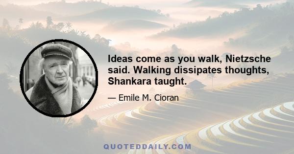 Ideas come as you walk, Nietzsche said. Walking dissipates thoughts, Shankara taught.