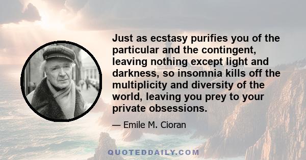 Just as ecstasy purifies you of the particular and the contingent, leaving nothing except light and darkness, so insomnia kills off the multiplicity and diversity of the world, leaving you prey to your private