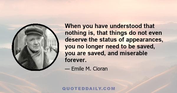 When you have understood that nothing is, that things do not even deserve the status of appearances, you no longer need to be saved, you are saved, and miserable forever.